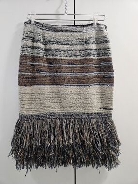 Fringed Knit Pencil Skirt in Cream, Brown & Black
